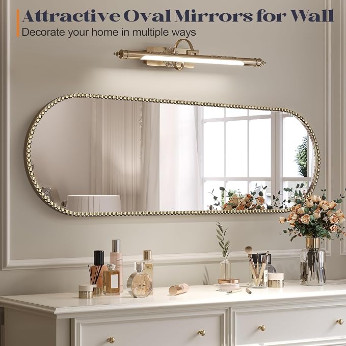 Champagne Bronze Bathroom Mirror,16"x48" Oval Brass Vintage Mirror | Gold Beaded Wall Mirrors with Metal Frame, Antique Vanity Mirror for Over Sink,Entryway,Bedroom,Living Room Fireplace Mantel