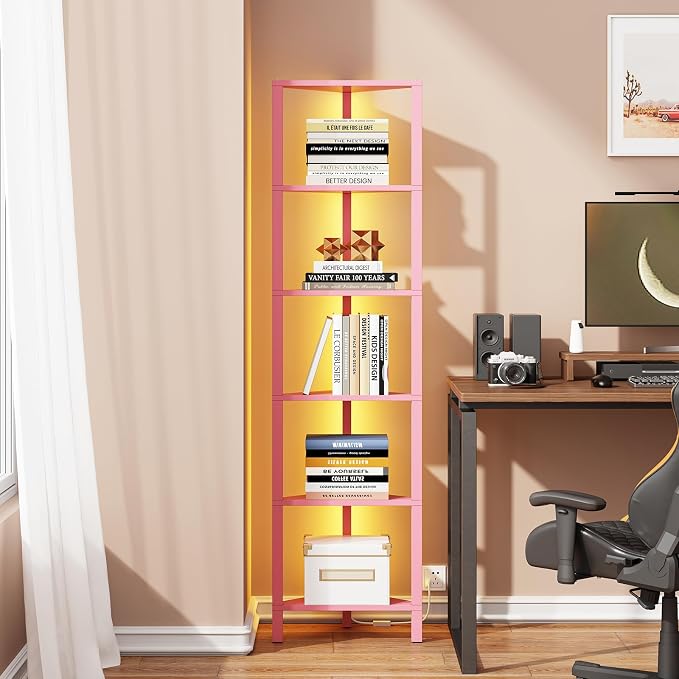TUTOTAK Corner Shelf with LED Light, 6-Tier Corner Bookshelf | for Small Space, Narrow Display Corner Shelf Stand with Storage Rack, for Living Room, Bedroom, Pink BS05BP006L