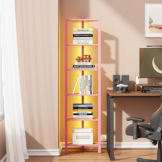 TUTOTAK Corner Shelf with LED Light, 6-Tier Corner Bookshelf | for Small Space, Narrow Display Corner Shelf Stand with Storage Rack, for Living Room, Bedroom, Pink BS05BP006L