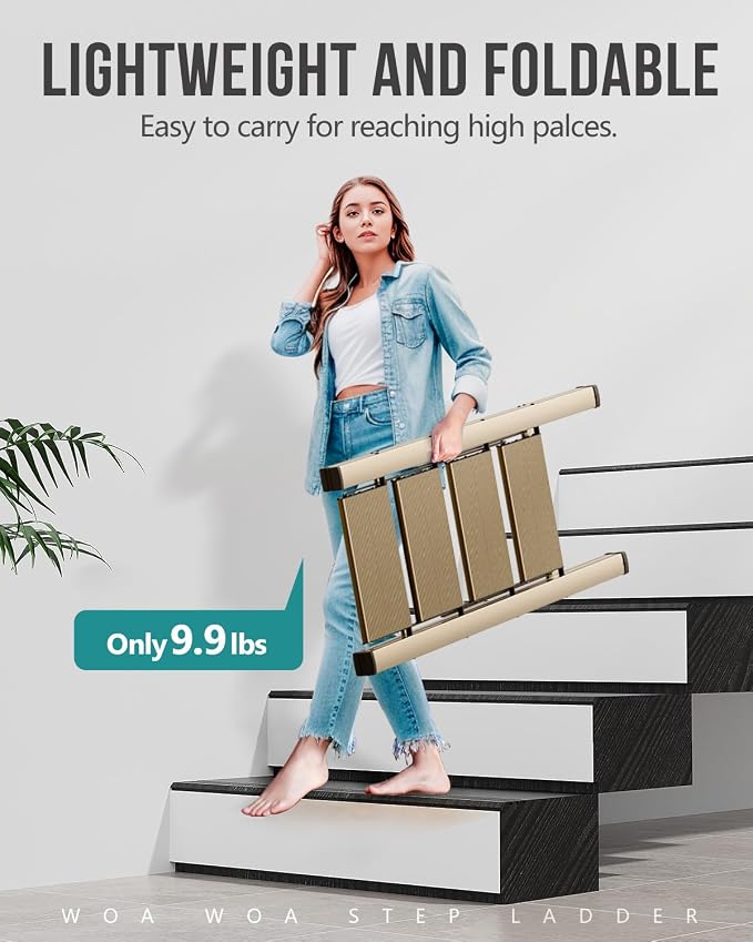 4 Step Foldable Step Stool, 300lbs Load, Gold | Folded 43''H x 2''T; Net 9.9 lbs; Non-Slip Feet: Wood/Tile/Carpet; Rigid Aluminum Steps; No Assembly; Ready From Box.