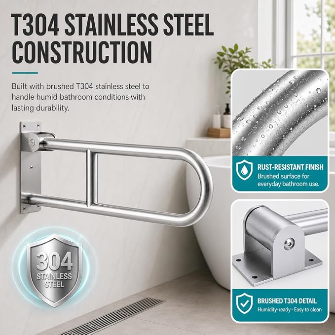 Foldable Toilet Grab Bar - 24 Inch T304 Stainless Steel Rail | Bathroom Flip Up Handle for Wall Mounted Support, Flip Up Design, Space Saving, Easy Installation