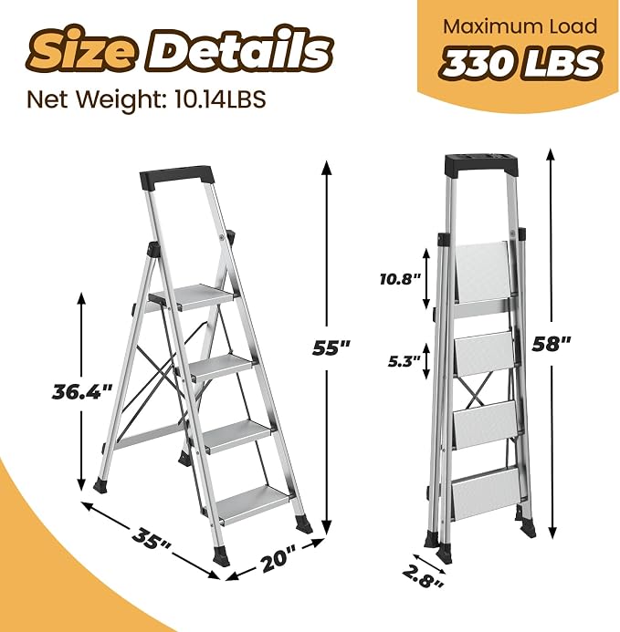 HBTower 4 Step Ladder, Lightweight Aluminum Folding Step Stool | Anti-Slip Wide Pedal, 330lbs Capacity Step Ladder for Household Kitchen Office, Silver