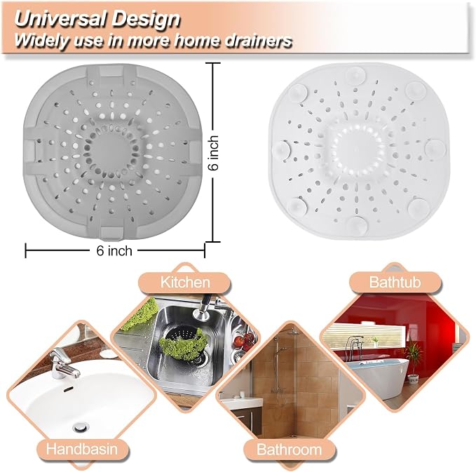Bovinde Hair Drain Catcher Square for Shower 2 PCS (Traffic Black Grey) | Drainer Cover Silicone Hair Stopper with Suction Cups,Protector Accessories,Easy to Install Suit for Bathroom,Bathtub,Sink