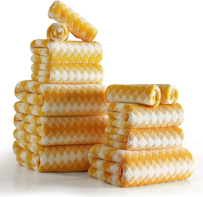 12 Pcs Ginger Yellow White Diamond Towel Set-4 Bath Towels,4 Hand Towels,4 Washcloths Soft Polyester Bath Towel with Loop Absorbent Shower Towel Quick Dry Family Towels for Bathroom Spa Gym