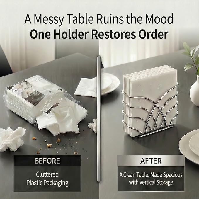 Napkin Holder for Table, Silver Iron Upright Paper Dispenser | Dinner Napkins, Lunch Napkins & Table Decor
