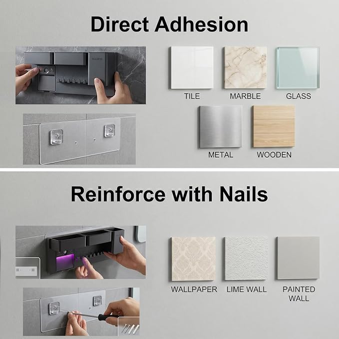 Toothbrush Holders for Bathrooms Toothbrush Holders Wall Mounted with Magnetic Night Light-4 Toothbrush Slots, 3 Independent Storage Compartments Bathroom Decor All-in-One Organizers Accessories White