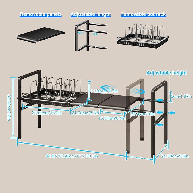Mustorn Pots and Pans Organizer Under Cabinet, Expandable 1 Tier Under Sink Organizers and Storage Adjustable Height Kitchen Pot and Pan Lid Holder Rack with 6 Dividers Under Cabinet Shelf(Black)