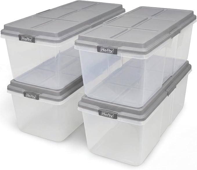 Hefty 113 Qt Hi-Rise Storage Bin with Lid, Stackable Plastic Storage Container, Organizer for Home, Garage & Closet, 4 Pack, Gray