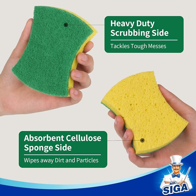 MR.SIGA Heavy Duty Cellulose Scrub Sponge, Dual-Sided Dish Sponge, 12 Pack | Heavy duty dishwashing sponges, dish sponges, kitchen sponges, cellulose sponges, sponges for dishes, dish scrubber