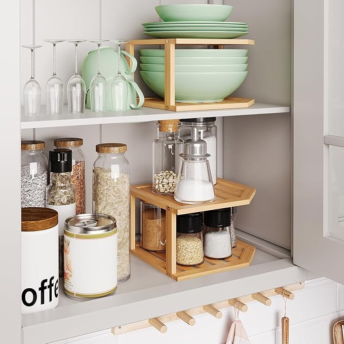 VERTORGAN 2 Tier Bamboo Dish Drying Rack,Corner Shelf 2 Pack | Pantry Storage,Dish Rack,Spice Rack,Corner Organizer,Kitchen Counter Shelves,Kitchen Storage,Holds Plates