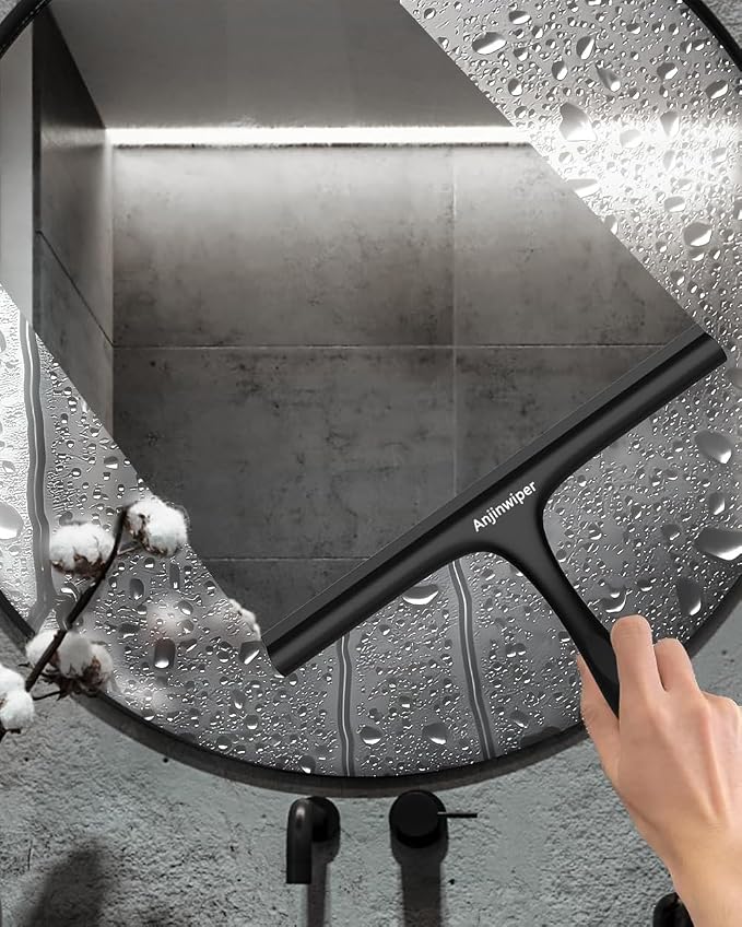 Shower Squeegee for Glass Doors 10 Inch, Black Bathroom Squeegee with Hook | Rust-Proof, Streak Free, All-Purpose Window Squeegee for Shower Glass, Tile Walls, Car, Ergonomic Grip, Silicone Squeegees