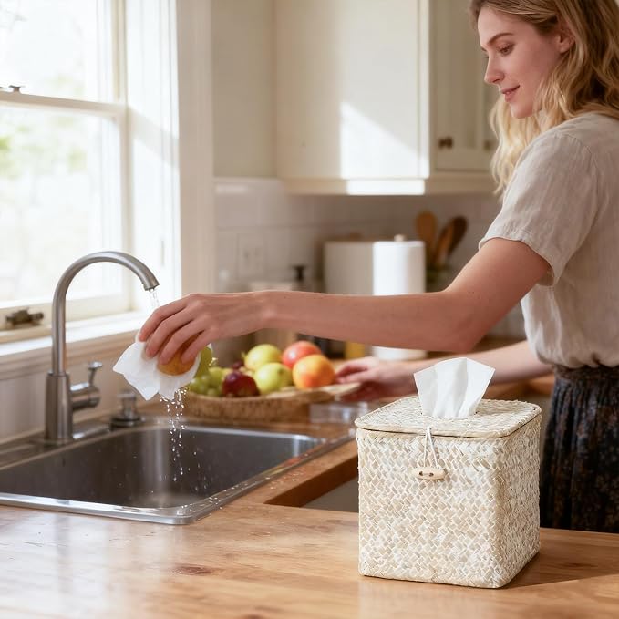 Seagrass Tissue Box Cover Square, Woven Wicker Tissue Box Holder, Whitewash | With Lid, Natural Seagrass, Handwoven, Boho Decor, Decorative Facial Cube Tissue Cover Holder for Bathroom Office Table