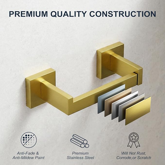Toilet Paper Holder Wall Mount Brushed Gold Stainless Steel | Toilet Tissue Roll Holder Bathroom Square Toilet Paper Towel Roll Holder Double Post Pivoting Tissue Handle