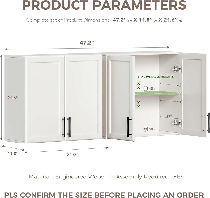 Furnaza 48" W Wall Cabinets for Laundry Room with Adjustable Shelf | White Upper Kitchen Wall Mounted Cabinets With Two Shaker Doors for Bathroom,Garage,12"D x 22"H,Floating Hanging Storage