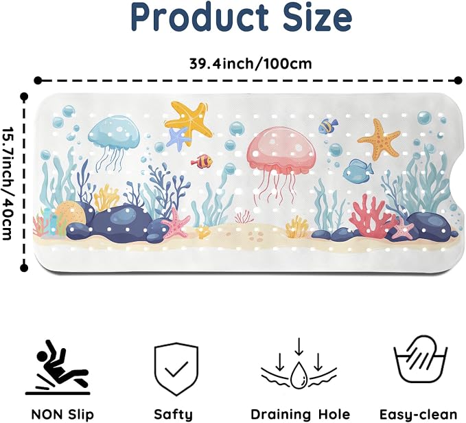 LNOND Bath Mat for Tub for Kids, Sea World Bathtub mat Non Slip, Jellyfish Starfish Coral Bath Mats for Bathroom Non Slip with Drain Holes and Suction Cups,Machine Washable (40 X 16 Inch)