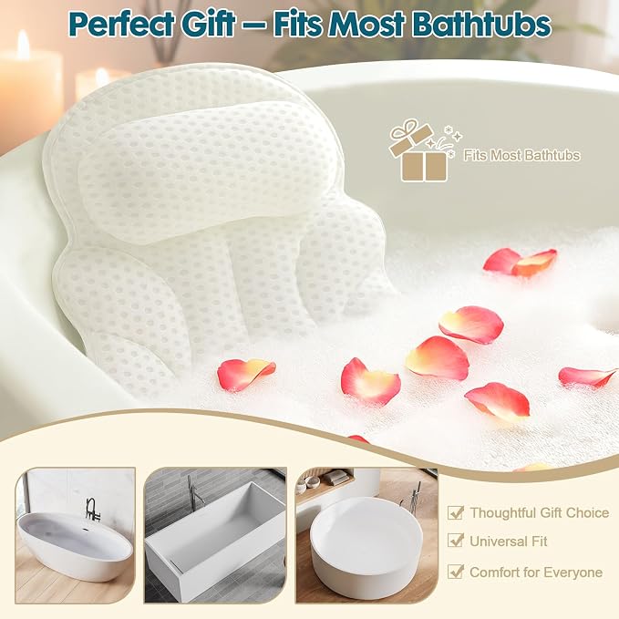 Bath Pillows for Tub, Bathtub Pillow for Head & Neck, Spine-Line Groove | Extended Wings | Spine-Line Groove | Extra Thick Headrest | Quick-Dry 4D Air Mesh | 6 Non-Slip Suction Cups | Laundry Bag