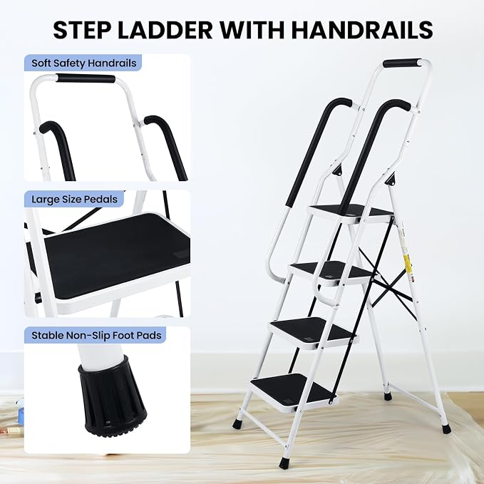 Step Ladder 4 Step Folding with Handrails, Folding Step Stool with Wide Anti-Slip Pedal, Sturdy Steel Portable Ladder, Lightweight Step Stool Foldable for Library Home Garage Office