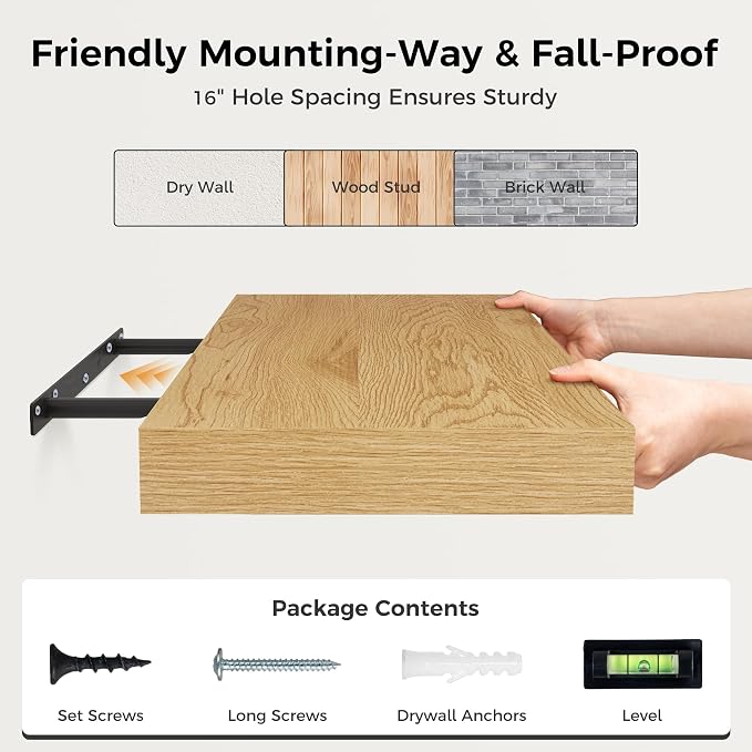 12 Inch Deep Floating Shelves, 16 x 12 Floating Shelf for Books, Rustic Wood Deep Wall Shelves for Home Storage & Display, 2" Thicked Shelves for Kitchen, Living Room, Bedroom, Oak Color, 2 Pack