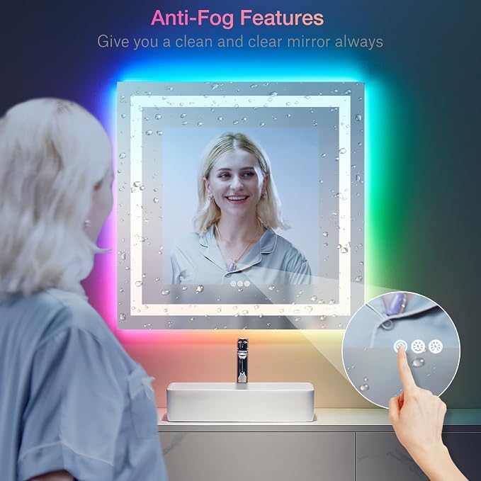 LOAAO 38"X38" LED Bathroom Mirror with Lights, Anti-Fog, Dimmable, RGB Backlit + Front Lighted, Bathroom Vanity Mirror for Wall, Memory Function, Waterproof, Tempered Glass | Anti-Fog, Dimmable, RGB Backlit + Front Lighted, Memory Function, Tempered Gl...