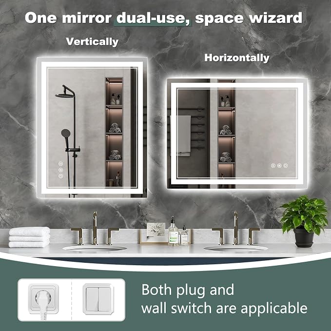 55x30 Inch LED Bathroom Mirror with Lights, 3 Colors Dimmable LED Vanity Mirror, Front and Back Lit, Anti-Fog, Memory Function, Shatterproof Tempered Glass, ETL Listed, Wall Mounted Makeup Mirror