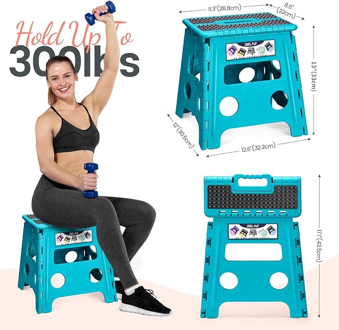 Delxo Folding Step Stool 13 Inch,300 Lbs Step Stool for Adults Blue | Foldable Step Stool 13",Non-Slip Foot Stools with Handle,Lightweight Collapsible stools for Kitchen,Bathroom,Bedroom,Garden