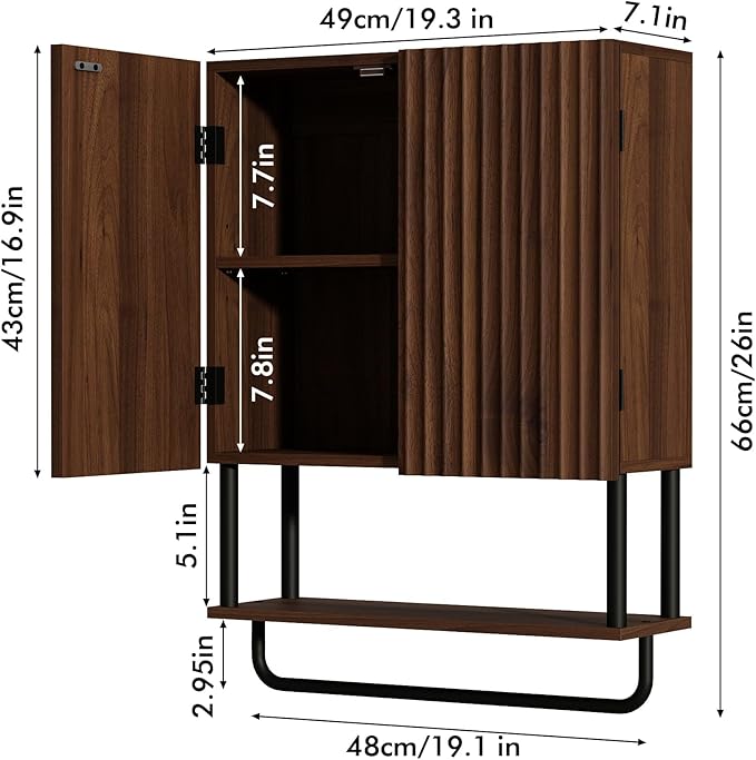 RUSTOWN Fluted Bathroom Wall Cabinet with 2 Doors, 3-Tier Medicine Cabinet | Modern Farmhouse Wall Mounted Cabinets, Over The Toilet Storage Cabinet, Adjustable Shelf and Towel Bar, Medium