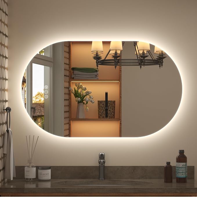 40x24 Inch Oval Backlit LED Bathroom Mirror with Lights | Lighted Vanity Mirror for Wall, Dimmable, 3 Colors Lighting, Anti-Fog, Pill-Shaped, Memory, ETL Listed, Horizontal/Vertical