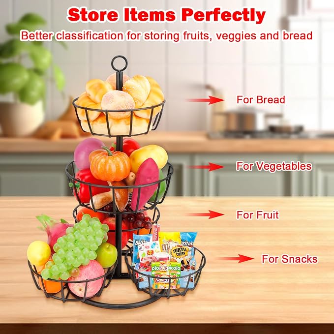 Livabber Fruit Basket Bowl, Metal Fruit Vegetable Storage Basket for Kitchen Counter, Large Capacity Vegetable Holder Rack Detachable Organizer for Bread Snack Produce (Black, 5-Tier Metal Base)