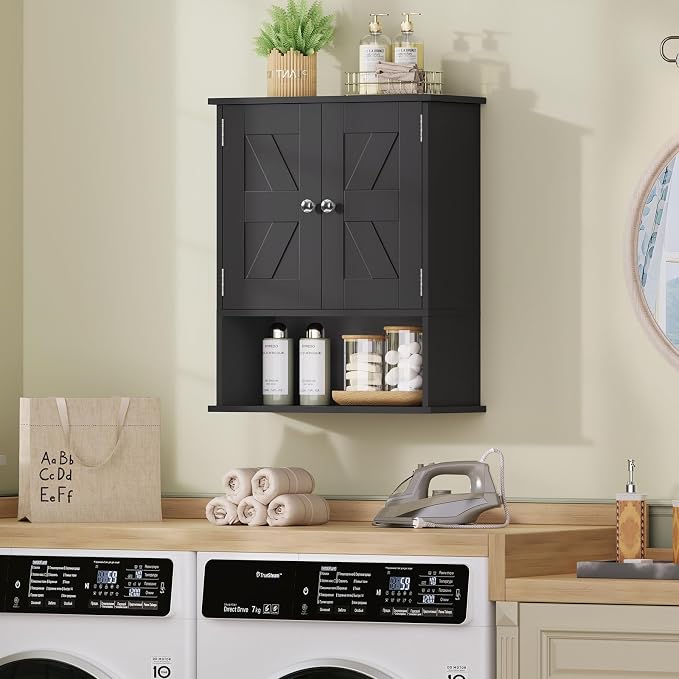 Bathroom Wall Cabinet, Over The Toilet Space Saver Storage Cabinet with Barn Doors & Adjustable Shelf, Hanging Medicine Cabinet, Black UNGGX003HV1