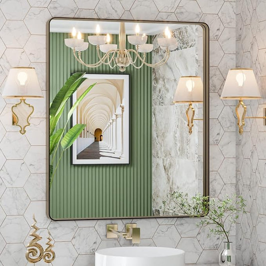 LOAAO 30"X36" Bronze Bathroom Mirror | Rounded Rectangle, Brushed Bronze Metal Frame, Anti-Rust, Tempered Glass, Hangs Horizontally or Vertically