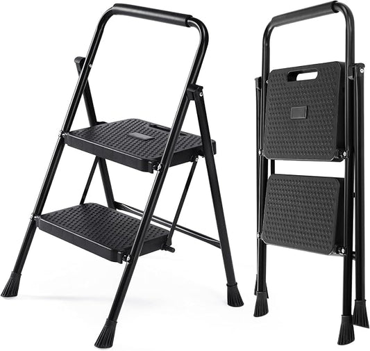 OLIXIS 2 Step Ladder, 800lbs Foldable Step Stool with Anti-Slip Pedal | Heavy Duty Portable Stepping Stool with Sturdy Steel Ladder & Comfortable Handrail, for Kitchen, Garage, Outdoor Use - Black