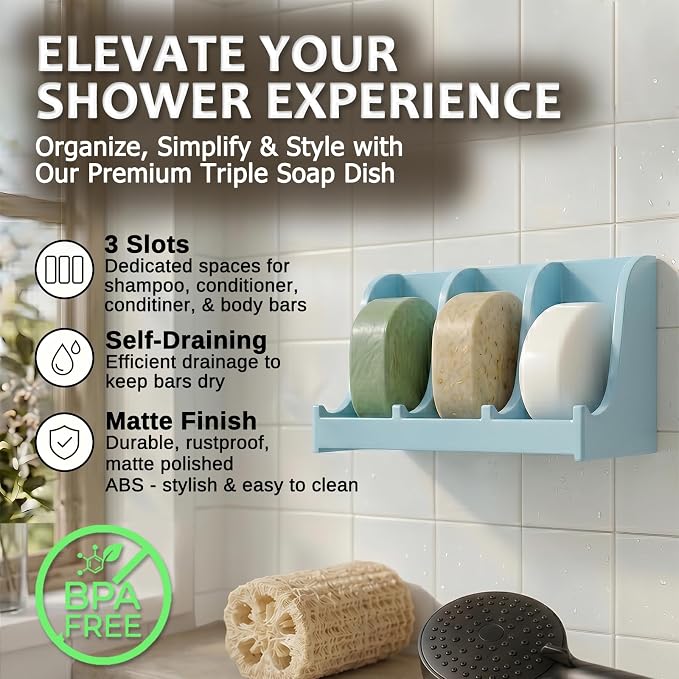 Soap Holder for Shower Wall, 3-Compartment Soap Dish for Shampoo, Conditioner and Body Soap, Fast Draining & Rust-Proof & Heavy Duty, Ultra-Strong Adhesive for Long-Term Bathroom Use & Freestanding
