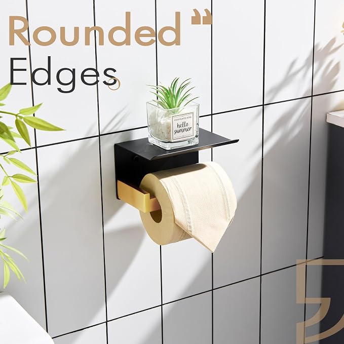 KOKOSIRI Toilet Paper Holders with Shelf Bathroom Toilet Paper Roll Holder Wall Mounted T-304 Stainless Steel, Matte Black and Gold B2010GDK