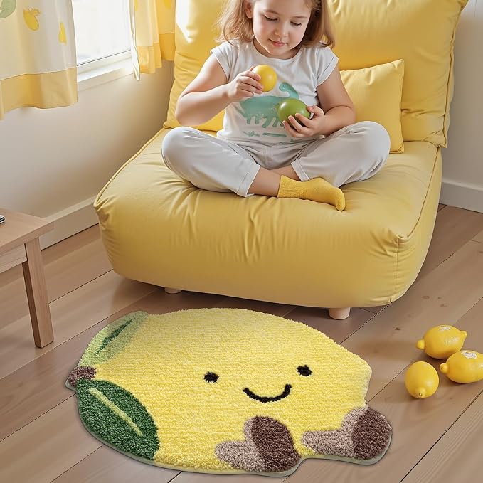 LUMI Cute Bathroom Rug, Absorbent Non Slip Bath Mat, 20.5"x29", Lemmy | Soft Plush Microfiber Yellow Rug, Quick Dry, Washable Fruit Bathmats for Shower Floor, Sink Bathtub, Bedroom, Kids Room