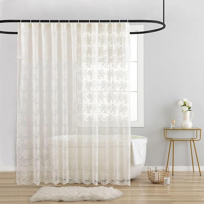TUDECO Ivory Lace Shower Curtain with Valance, 72 x 72, Vintage Style, | Sheer Floral, Antique Bathroom Decor, Scalloped Bottom, Soft Light Filtering, Gentle Privacy, Reinforced Holes