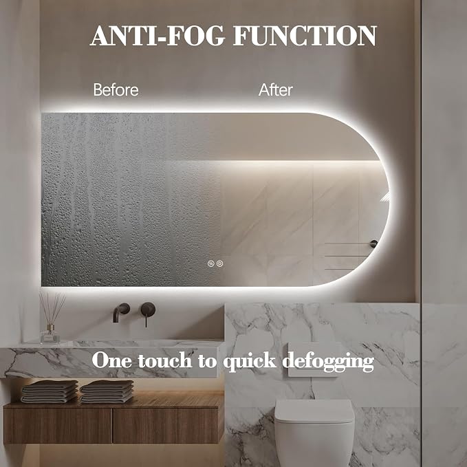 Arched LED Bathroom Mirror, 48"x24" Arch Framless Backlit Mirror with Lights Vanity Mirror for Makeup, Anti-Fog, Dimmable, 3-Color, Memory Function, IP65 Waterproof, UL Listed, Horizontal-Left