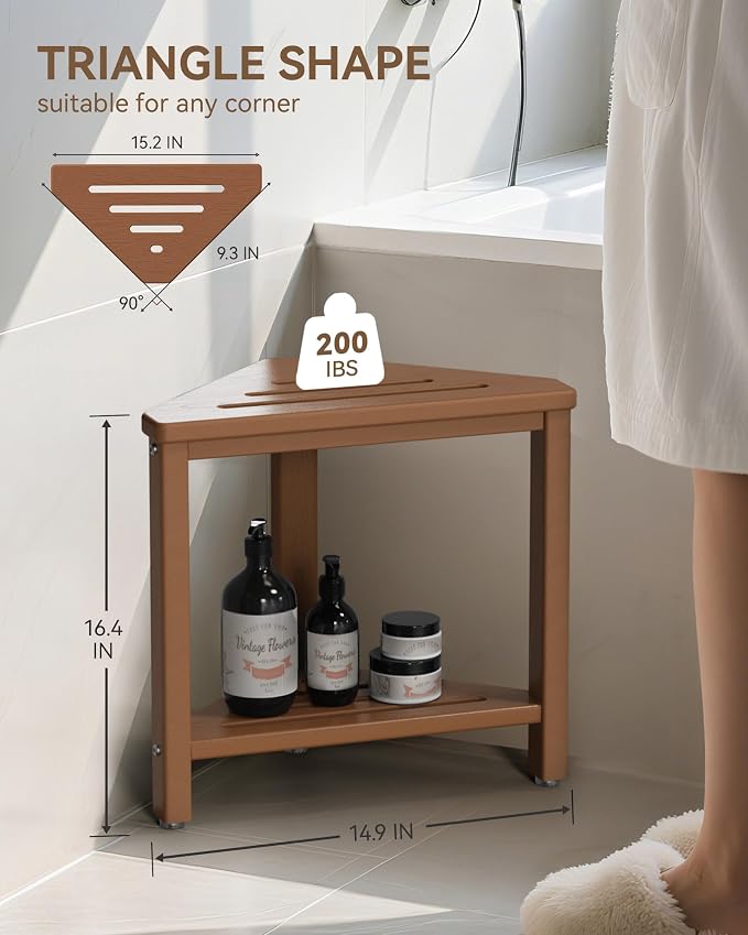 Teak Shower Foot Rest 15in, HDPE Waterproof Shower Stool for Inside Shower, Corner Shower Stool for Shaving Legs with Storage Shelf for Small Space, Shower Step Stool, Plastic Corner Shower Bench