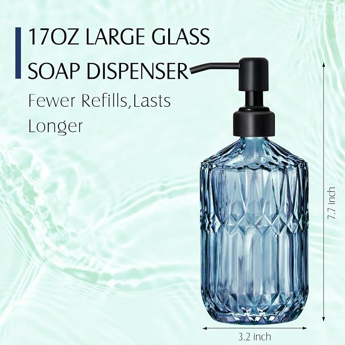 COHOSEGE 17 Oz Blue Glass Kitchen Soap Dispenser for Dish Soap, 2 Pack Bathroom Soap Dispenser Set with Black Rust Proof Pump for Lotion, Hand soap or Body Wash
