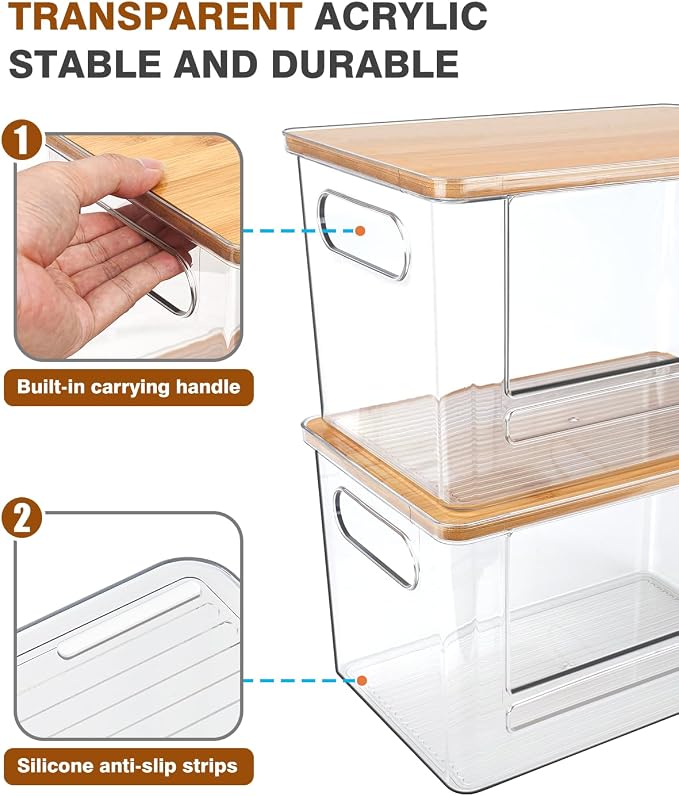 Trash Bag Dispenser 2 Pack - Under Sink Organizer, Plastic Bag Holder | Stackable Acrylic Garbage Bag Storage with Bamboo Lid for Kitchen Cabinet, 13/30/33 Gallon Grocery Bag Dispenser