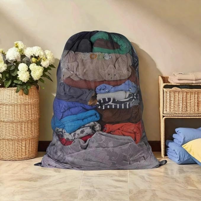 2-Pack Large Mesh Laundry Bag, 24x36 Inch Black | Heavy-duty mesh, lockable drawstring, Laundry Hamper Liner. Machine washable. For balls, toys, travel, sports, dorms.