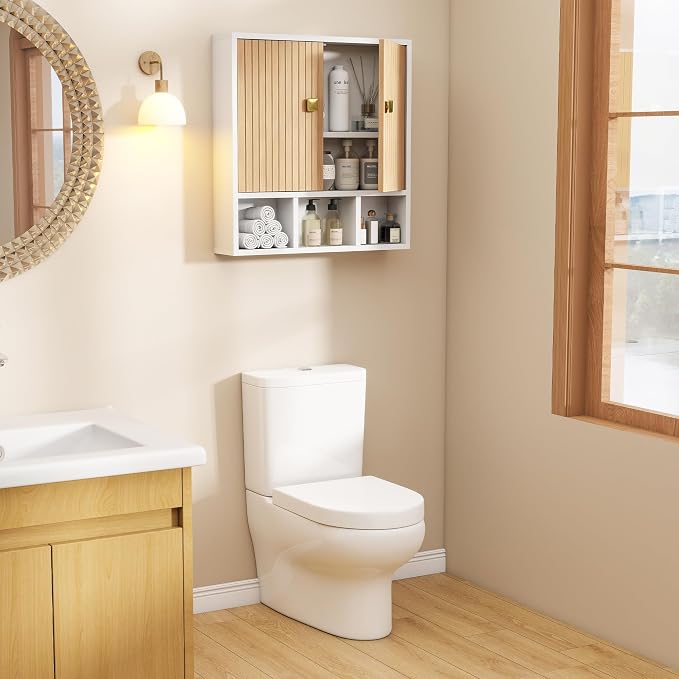 Bathroom Wall Cabinet,Wooden Medicine Cabinet with Fluted Doors Over The Toilet Storage Cabinet with Adjustable Shelf for Bathroom,White
