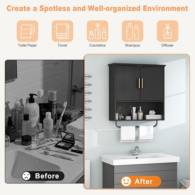 Wall Mounted Cabinet with Towel Bar & Shelves for Kitchen Bathroom | Black Space Saving Wood Bathroom Wall Cabinet 2 Doors for Laundry, Kitchen, Living Room