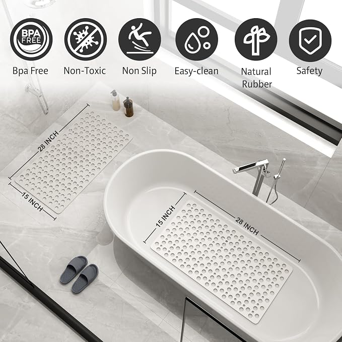 Shower Mat Non Slip Bath Mat for Tub - 28" x 15" Soft TPE Bathtub Mat Non Slip Shower Mats for Inside Shower, Anti Slip Shower Mat with Suction Cups, Quick-Drying Bath Tub Mat, White