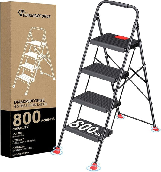 Foldable Step Ladder Folding Stool - 4 Stepping Extension Tall Heavy Duty with Handrails for Home Adults Kitchen - Extendable Stepladder Closet Stepstool Stair Ladders for Indoor House 800Lbs
