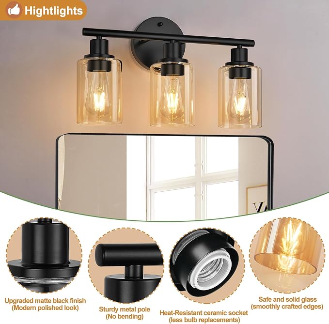 Zarbitta 3-Light Bathroom Light Fixtures, Black Modern Vanity Lights with Amber Glass Shades, Bathroom Wall Lamp for Mirror Kitchen Living Room Hallway Cabinet Porch