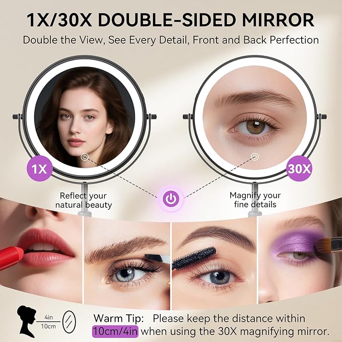Auxmir 9" 1X/30X Lighted Makeup Mirror, Rechargeable Maginfying Mirror | 3 dimmable colors, 14.9-18.5 in adjustable height, 3000mAh, 360°rotation, stable storage base, 30X magnification, Black