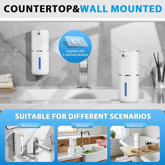 Fantictas Automatic Foaming Soap Dispenser Touchless, 4 Adjustable Levels | Foam Soap Dispenser 380ML, USB Charging Wall Mount for Kitchen & Bathroom, IPX5 Waterproof
