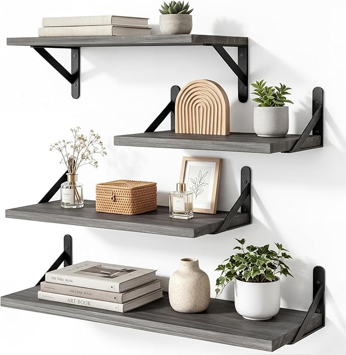 YGEOMER 4 Different Sizes Floating Shelves for Wall Decor, Weathered Gray | Rustic wood shelves in mixed sizes for flexible combined storage. Fits bathroom, kitchen, living room, bedroom and office.