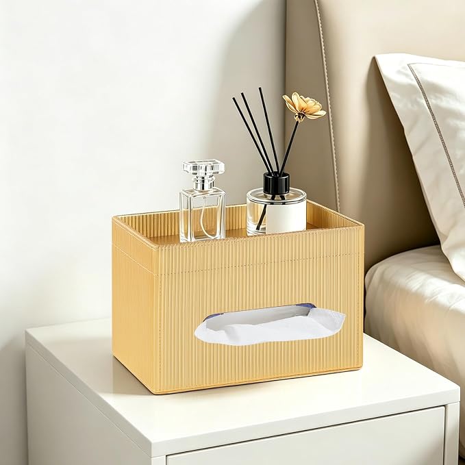 Rectangular Tissue Box Cover PU Leather Tissue Box Holder Rectangle | Magnetic Closure, Storage Tray, For All Full-Size Rectangular Tissue Box, For Bathroom NightStands Office Desk Decorative