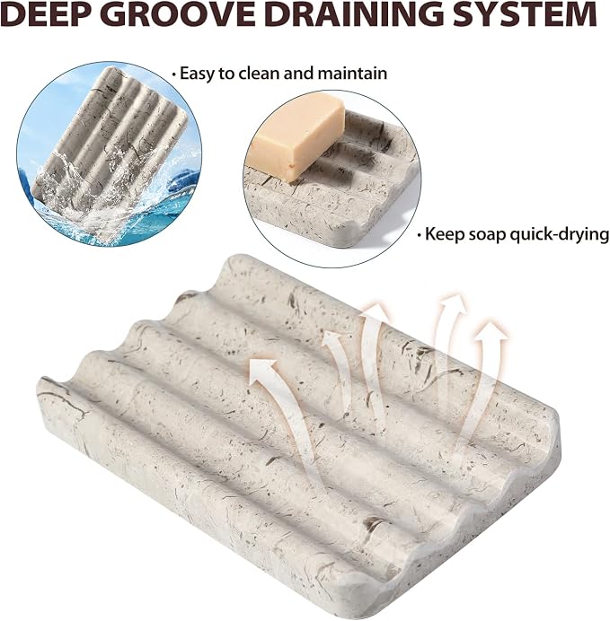 Natural Grey Marble Soap Dish for Shower, Stone Soap Tray for Bathroom, Gray Bar Soap Holder for Sink, Stripe Grooves Soap Saver Stone Dish Keep Bars Dry Easy Clean